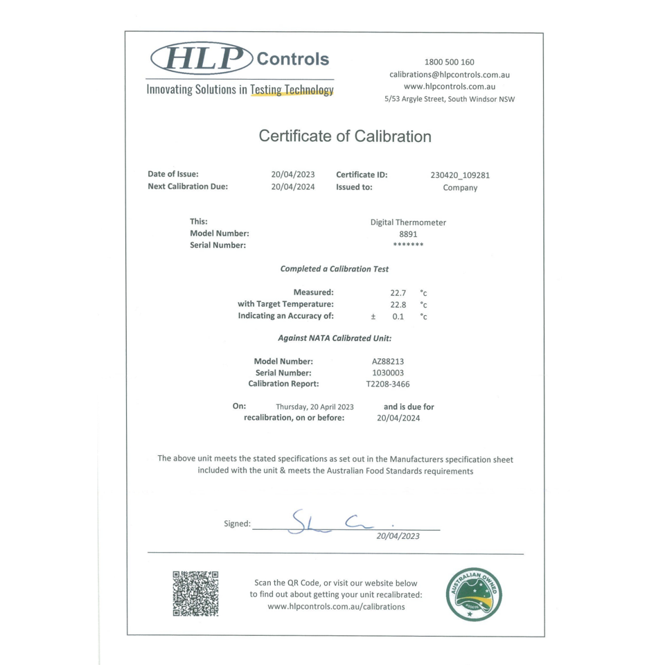 Calibration Test w/ 12 Month Certificate of Calibration for Thermometer/Data Logger