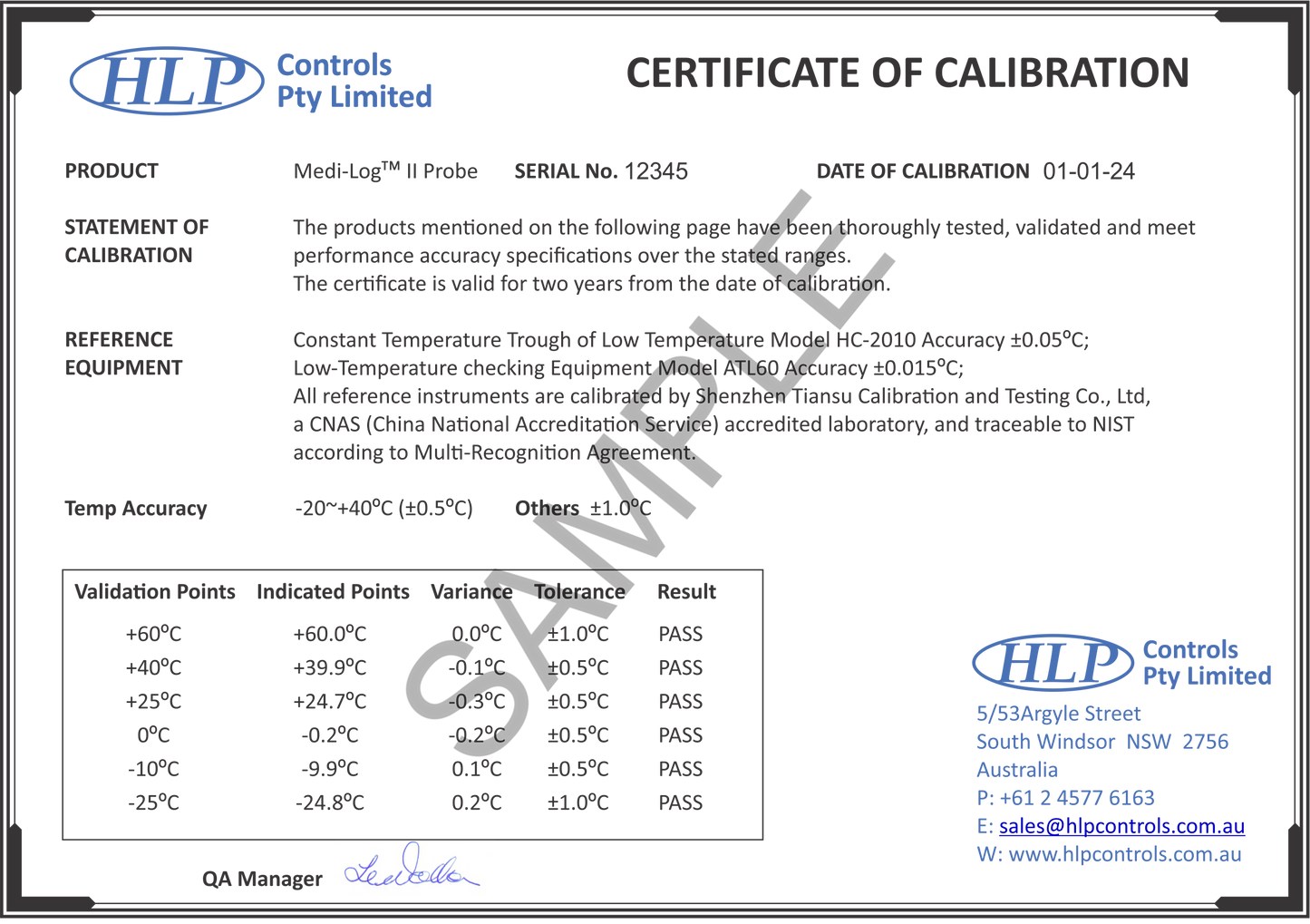 Medi-Log™ II Probe with Calibration Certificate & Tag (12 Months)