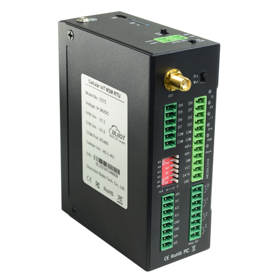 S272 - Remote 4G SMS Monitoring & Alarming Unit (Relay Out, Digital & Analog In) w/ Temp & Humidity Sensor